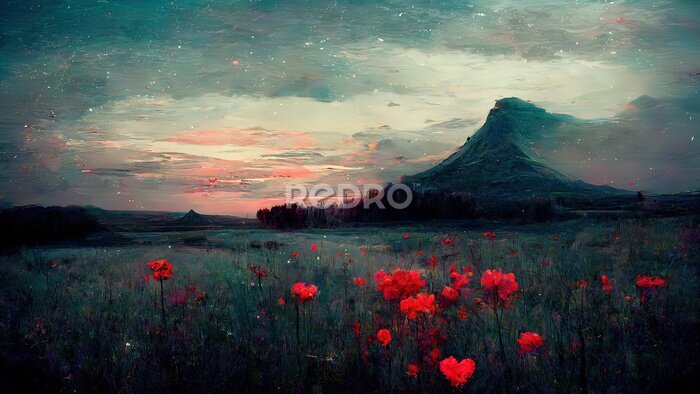 Poster Nacht über einem Feld roter Mohnblumen
