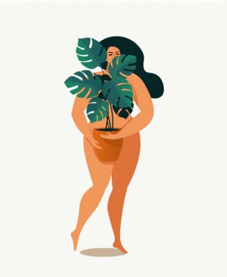 Poster Nackte Frau, die ihren Körper mit Monstera-Blättern bedeckt