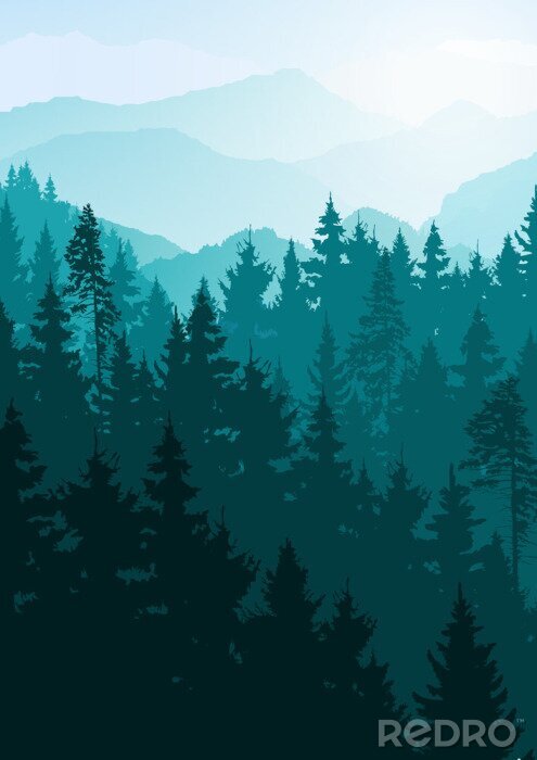 Poster Nadelbäume Wald vor dem Hintergrund der Berge