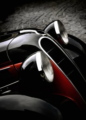 Poster Nahaufnahme der Scheinwerfer eines schwarzen Oldtimers