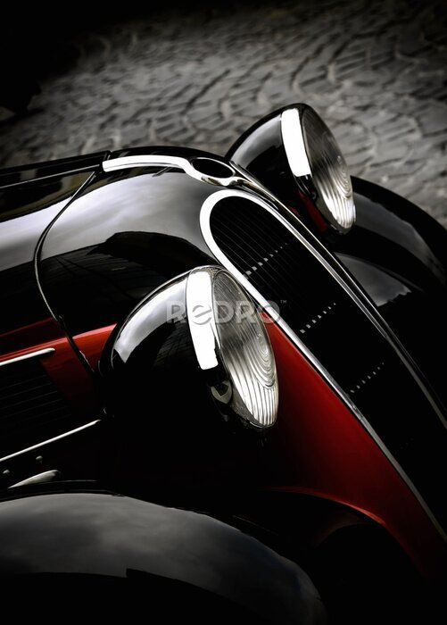 Poster Nahaufnahme der Scheinwerfer eines schwarzen Oldtimers
