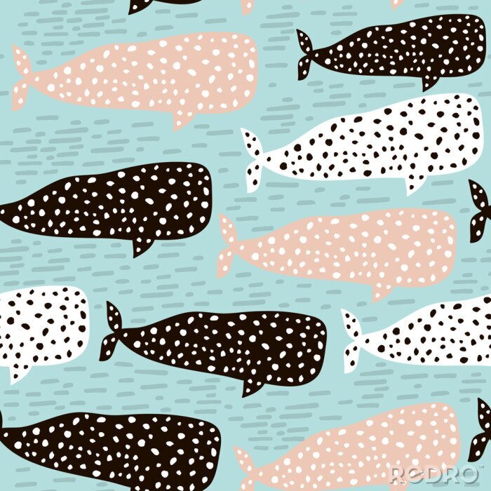 Poster Nahtlose Muster mit Wal. Kindliche Textur für Stoff, Textil. Vektor Hintergrund