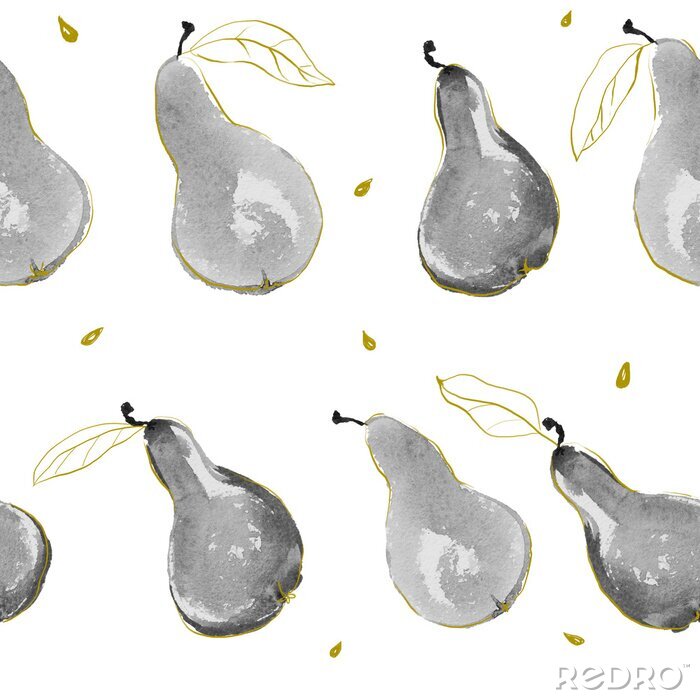Poster Nahtloses handgezeichnetes Muster der Aquarellbirnen mit Samen und goldenen Blättern