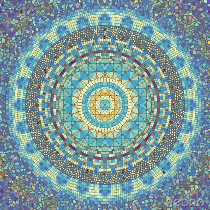 Poster Nahtloses Hintergrundmuster.  Rundes Mosaikkunstmuster verschiedener Fliesentexturen.