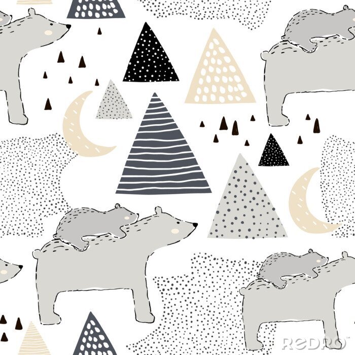 Poster Nahtloses kindisches Muster mit Eisbärmutter und -baby. Kreatives Kinderdesign. Perfekt für Stoff, Textil, Warpping, Kinderzimmer. Vektor-Illustration