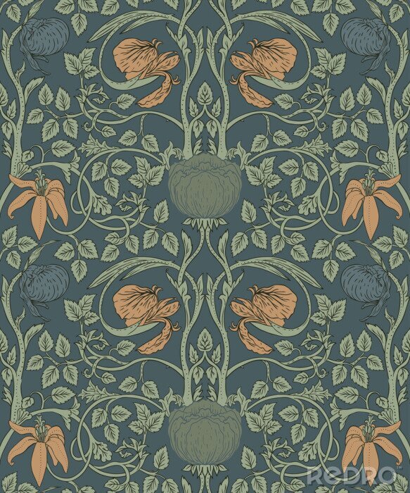 Poster Nahtloses Muster der Blumenweinlese für Retro- Tapeten. Verzauberte Vintage Blumen. Kunst und Handwerk Bewegung inspiriert.