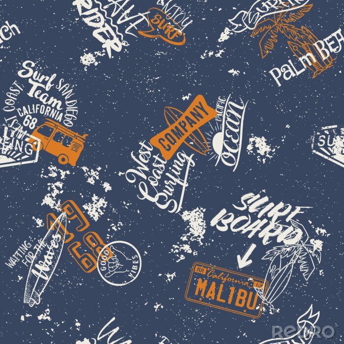 Poster Nahtloses Muster der Surfenden Westküste, abstrakte Vektortapete für Stoffhemd-Grunge-Effekt in separater Schicht