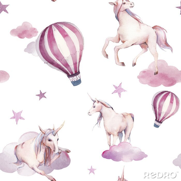 Poster Nahtloses Muster des Aquarelleinhorns, der Wolken und des Heißluftballons. Handgemalte Märchenbeschaffenheit auf weißem Hintergrund. Cartoon Baby Tapete Design