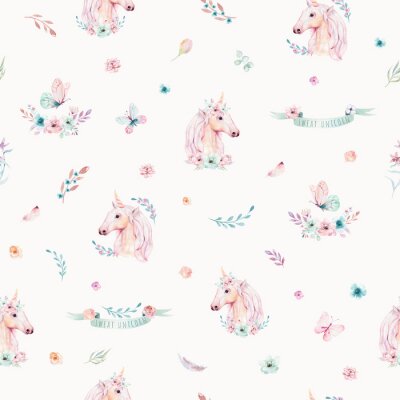 Nahtloses Muster des netten Aquarelleinhorns mit Blumen. Magische Einhornmuster der Kindertagesstätte. Prinzessin Regenbogen Textur. Trendy rosa Cartoon Pony Pferd.