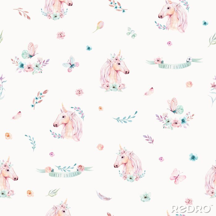 Poster Nahtloses Muster des netten Aquarelleinhorns mit Blumen. Magische Einhornmuster der Kindertagesstätte. Prinzessin Regenbogen Textur. Trendy rosa Cartoon Pony Pferd.