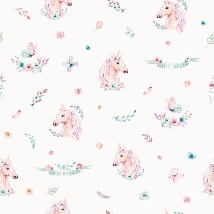 Poster Nahtloses Muster des netten Aquarelleinhorns mit Blumen. Magische Einhornmuster der Kindertagesstätte. Prinzessin Regenbogen Textur. Trendy rosa Cartoon Pony Pferd.