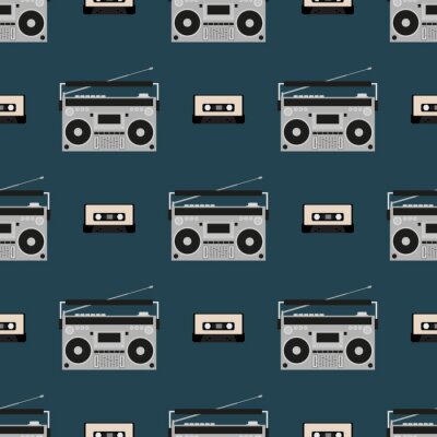 Nahtloses Muster mit alten Boomboxen und Bandkassetten. Vintage Musikdruck. Retro-Vektorillustration