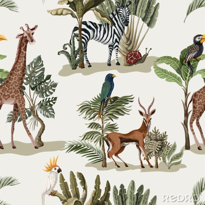 Poster Nahtloses Muster mit exotischen Bäumen und Tieren. Vintage Vintage Tapete