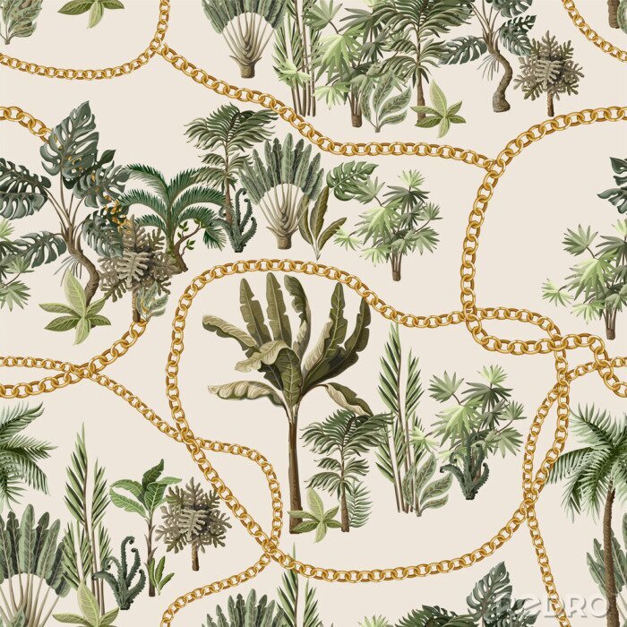 Poster Nahtloses Muster mit exotischen Bäumen wie Palme, Monstera und Banane mit Ketten