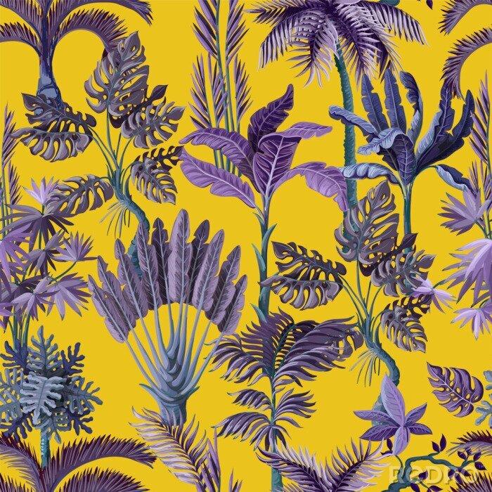 Poster Nahtloses Muster mit exotischen Bäumen wie Palme, Monstera und Banane. Vintage Vintage Tapete