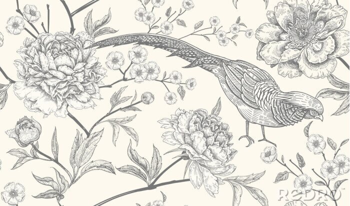 Poster Nahtloses Muster mit exotischen Vogelfasanen und Pfingstrosenblumen.