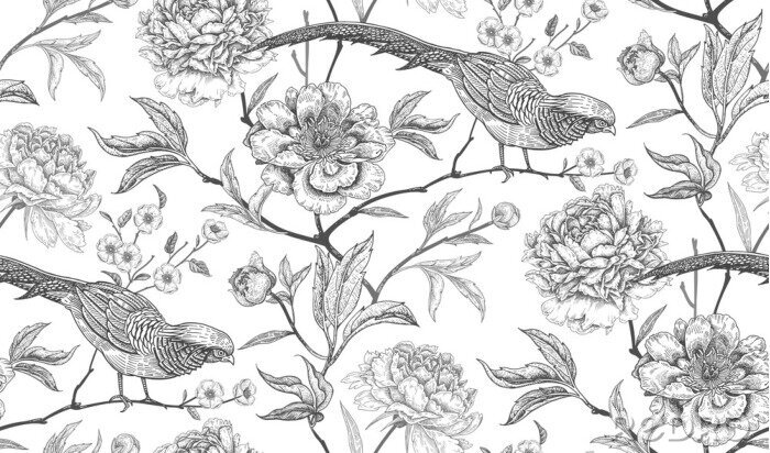 Poster Nahtloses Muster mit exotischen Vogelfasanen und Pfingstrosenblumen.
