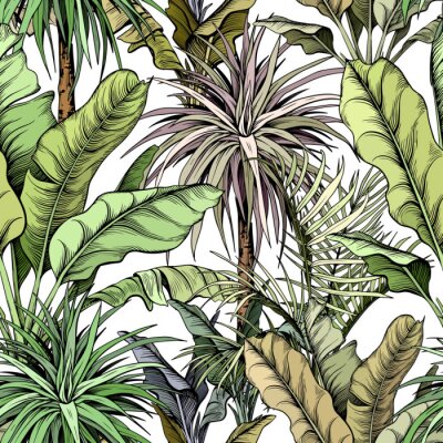 Nahtloses Muster mit grünen tropischen Bäumen. Yucca-Pflanzen und große Bananenblätter. Hand gezeichnete Vektorillustration