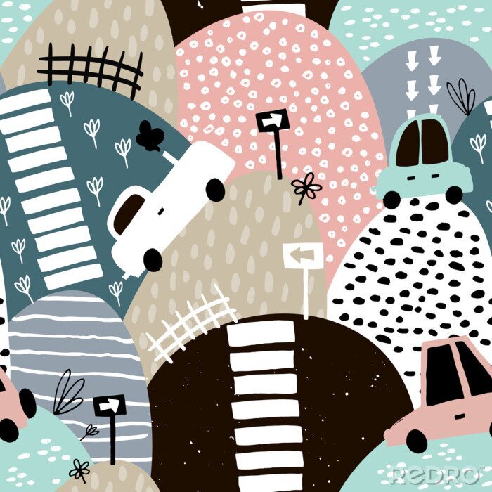 Poster Nahtloses Muster mit Hand gezeichnetem nettem Auto und Hügeln. Karikaturautos, Verkehrsschild, Zebrastreifen-Vektorillustration. Perfekt für Kinder Stoff, Textil, Kinderzimmer Tapete