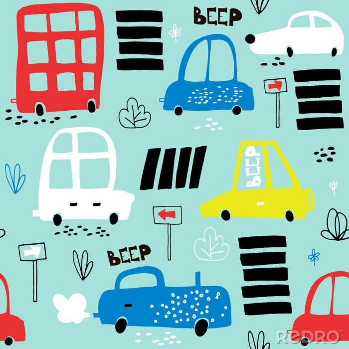 Poster Nahtloses Muster mit Hand gezeichneten niedlichen Auto. Karikaturautos, Verkehrsschild, Zebrastreifen vector illustration.Perfect für Kindergewebe, Gewebe, Kindergartentapete