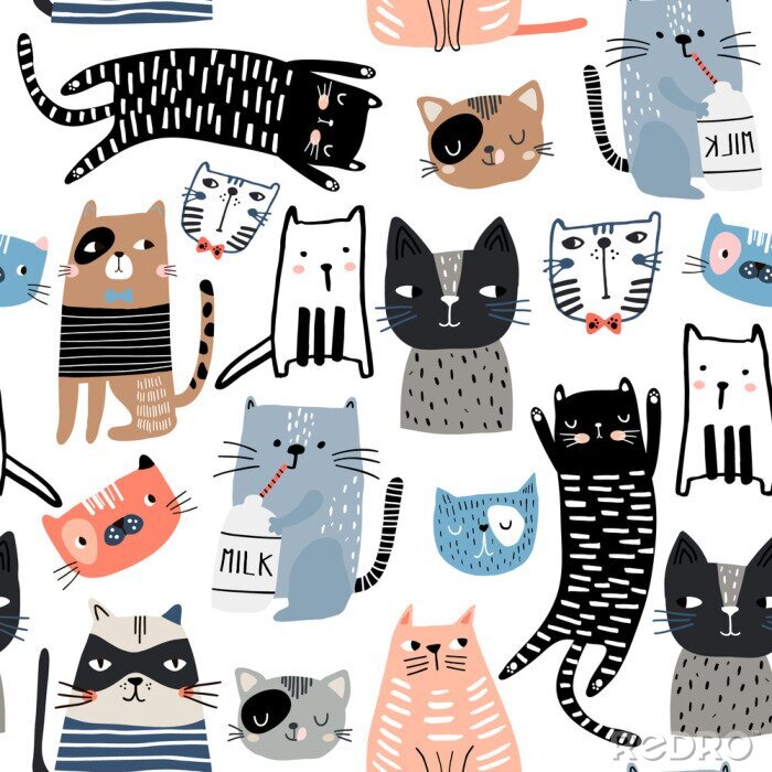 Poster Nahtloses Muster mit niedlichen Kätzchen in unterschiedlichem Stil. Kreative kindliche Textur. Ideal für Stoff, Textil Vektor-Illustration