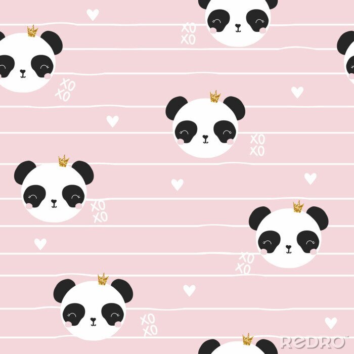 Poster Nahtloses Muster mit Panda-Prinzessin. Netter Kinderdruck. Vektor Hand gezeichnete Illustration