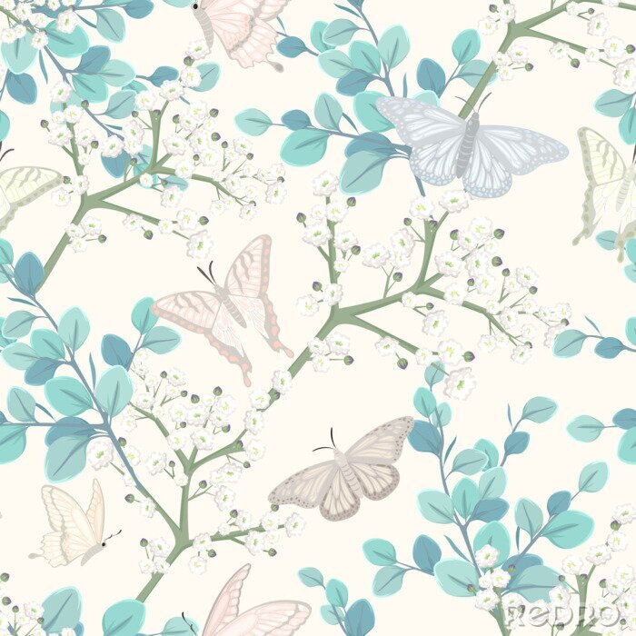 Poster nahtloses Muster mit Schmetterlingen und weißen Blumen