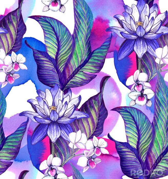 Poster Nahtloses Muster mit tropischen Blättern. Aquarellmuster mit Lotusblumen- und Aquarellflecken, weiße Orchidee Phalaenopsis