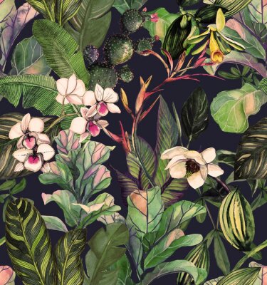 Nahtloses Muster mit tropischen Blättern und Blüten. Aquarellmuster mit einer Magnolienblume, Orchideen, Kaktus, weiße Orchideenphalinopsis. Botanischer Hintergrund