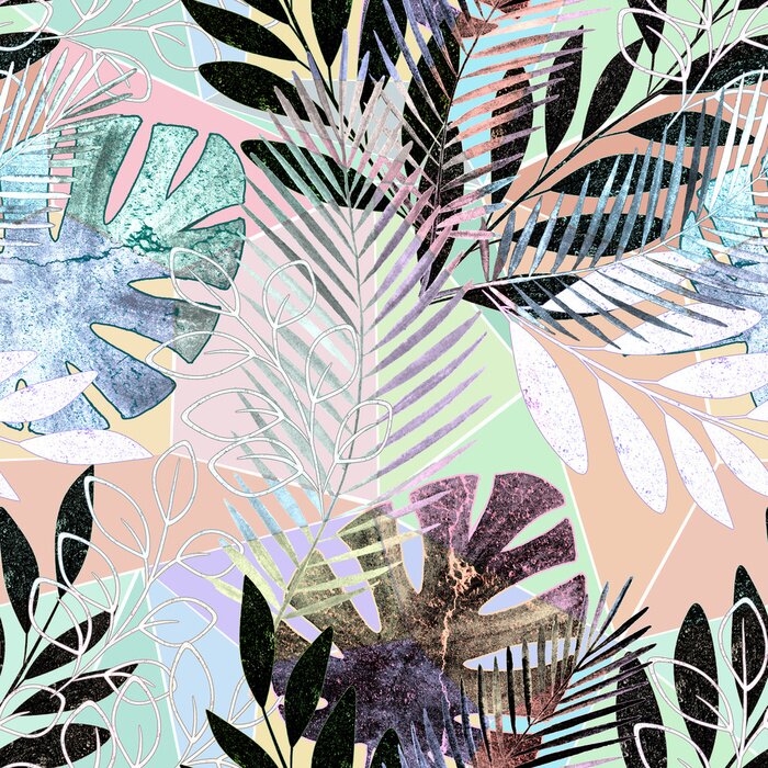 Poster Nahtloses tropisches Muster. Palme verlässt auf einem bunten Hintergrund.