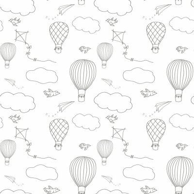 Nahtloses Vektormuster, Hand gezeichnete Heißluft baloons, die in den blauen Himmel, in das Muster für Hintergründe, Packpapier, Gewebe und andere Designe fliegen