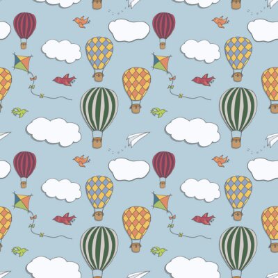 Nahtloses Vektormuster, Hand gezeichnete Heißluft baloons, die in den blauen Himmel, in das Muster für Hintergründe, Packpapier, Gewebe und andere Designe fliegen