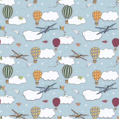 Nahtloses Vektormuster, Hand gezeichnete Heißluft baloons, die in den blauen Himmel, in das Muster für Hintergründe, Packpapier, Gewebe und andere Designe fliegen