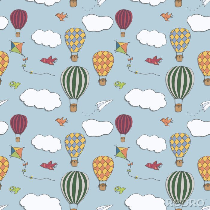 Poster Nahtloses Vektormuster, Hand gezeichnete Heißluft baloons, die in den blauen Himmel, in das Muster für Hintergründe, Packpapier, Gewebe und andere Designe fliegen