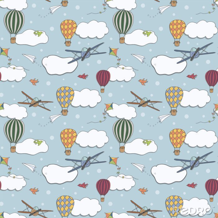 Poster Nahtloses Vektormuster, Hand gezeichnete Heißluft baloons, die in den blauen Himmel, in das Muster für Hintergründe, Packpapier, Gewebe und andere Designe fliegen