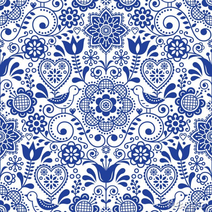 Poster Nahtloses Volkskunstvektormuster mit Vögeln und Blumen, skandinavisches Marineblau repetitives Blumenmuster