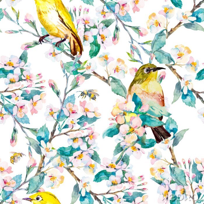 Poster Naturmotiv mit Frühling, Blumen und Vögeln auf einem Zweig