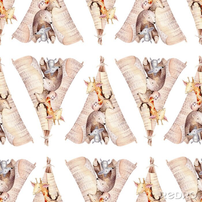 Poster Netter Familienbaby Raccon, Rotwild und Häschen. Tierkindergartengiraffe und Bär lokalisierten Illustration. Aquarell boho Raccon Zeichnung Kinderzimmer nahtlose Muster. Kinder Hintergrund, Kindergart