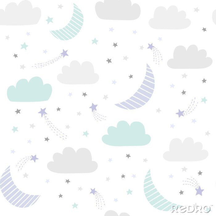 Poster Nettes Nachthimmelvektormuster mit handgezeichneten Sternen, Wolken und Mond.  Nahtloser Babyhintergrund.