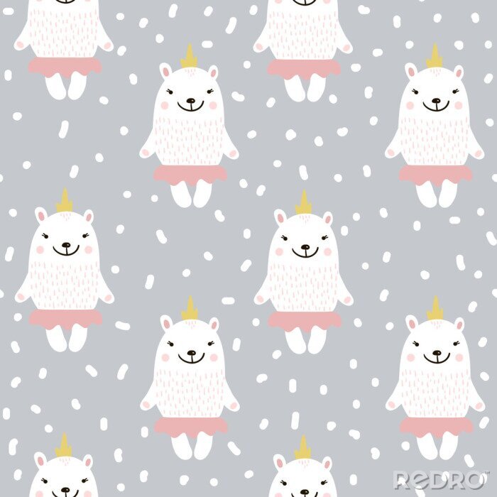 Poster Nettes nahtloses Muster mit weißem Babybär. Kindliche Textur für Stoff, Textil.Vector Illustration