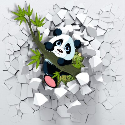Poster Niedlicher Panda vor dem Hintergrund einer zerstörten Mauer 3D