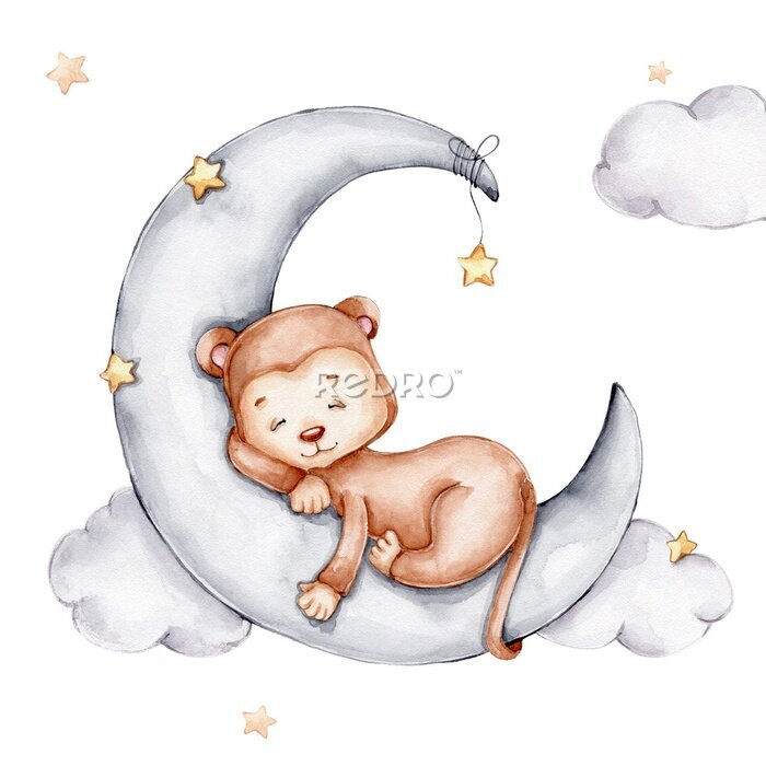 Poster Niedliches Äffchen schläft auf dem Mond