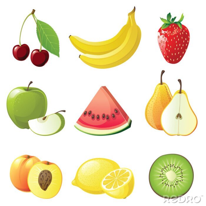 Poster Obst ganz und geschnitten Sammlung von Grafiken