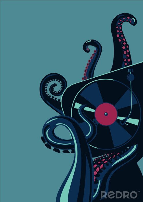 Poster Octopus Tentakeln mit Vinyl-Plattenspieler. Partyplakatvorlage.