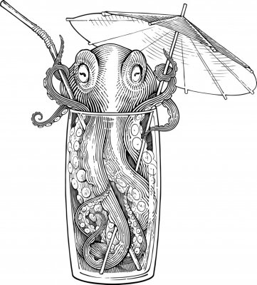 Oktopus in einem Getränk mit Sonnenschirm