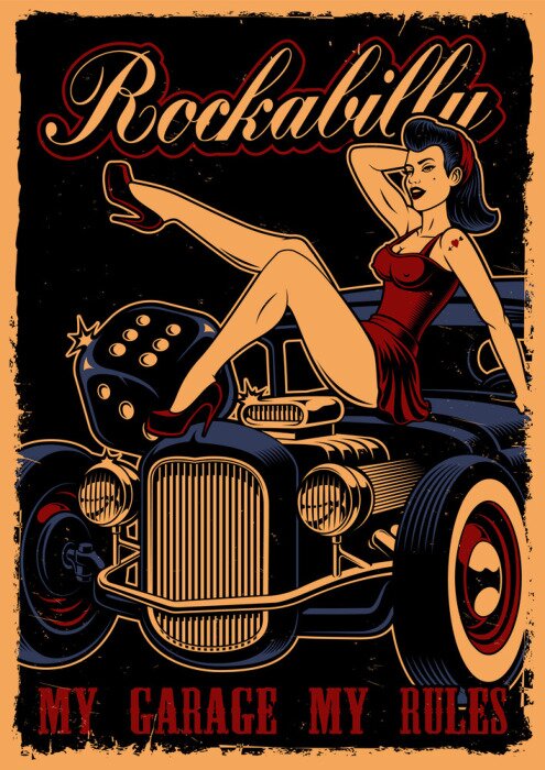Poster Oldtimer und Mädchen im Pin-Up-Stil