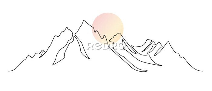 Poster One continuous line drawing of mountain range landscape with color sun. Abstract hills and skyline in scandinavian simple linear style. Modern panoramic sketch. Doodle vector illustration