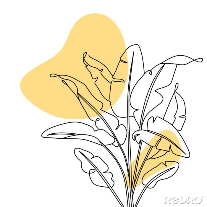 Poster One line drawing banana leaves. Modern continuous line art, aesthetic contour. Perfect for home decor such as posters, wall art, tote bag, t-shirt print, sticker, mobile case. Vector illustration
