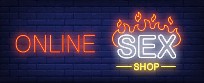 Poster Online Sex Shop Leuchtreklame. Brennende Wort O dunkle Backsteinmauer. Vector Illustration in der Neonart für Sexspeicher oder erotische Unterhaltung