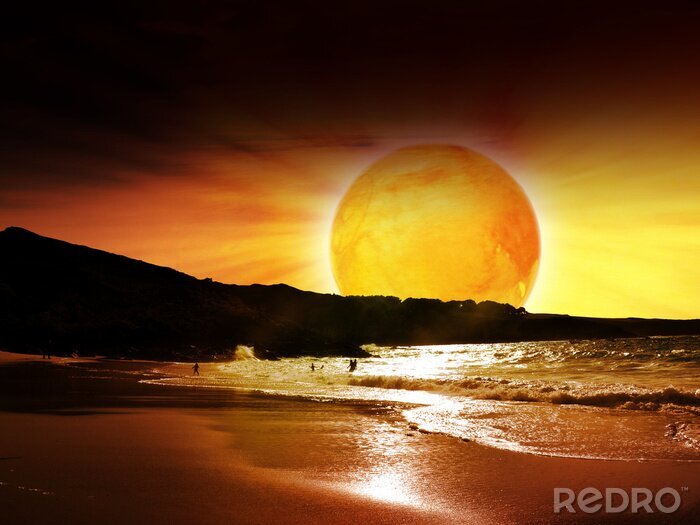 Poster Orangefarbener Planet am Meeresufer